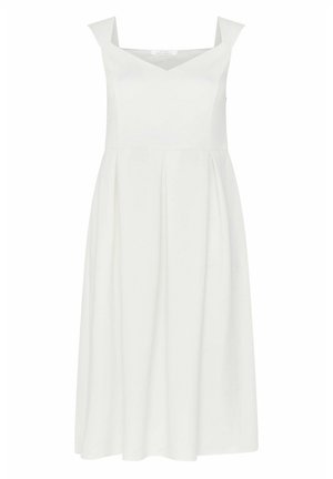 Witte mouwloze midi-jurk met brede bandjes, nauwsluitend lijfje, V-hals en geplooide A-lijn rok.