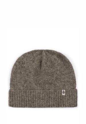 Gray wool beanie with a ribbed cuff, featuring a small fabric label on the side. The texture is soft and slightly fuzzy.