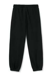 Czarne dresy z elastycznym pasem i mankietami na kostkach, wykonane z miękkiego materiału, zaprojektowane dla wygody w codziennym użytkowaniu i luźnego dopasowania.