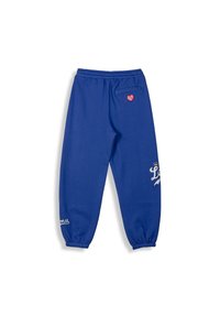 Blaue Sweatpants mit elastischen Bündchen, featuring einem roten Herz-Logo und weißen gestickten Text. Weicher Stoff, Kordelzugbund und Seitenfach.