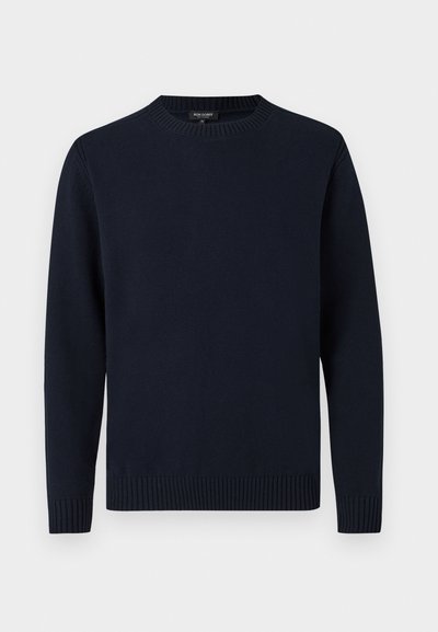 Námořnicky modrý pletený svetr s žebrovaným kulatým výstřihem, dlouhými rukávy a žebrovanými manžetami a lemem. Jednoduchý design v jedné barvě.