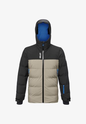 Schwarze und beiger gepolsterter Jacke mit Kapuze, ausgestattet mit Reißverschluss-Taschen und blauen Akzenten, aus einem glatten, wetterfesten Material gefertigt.