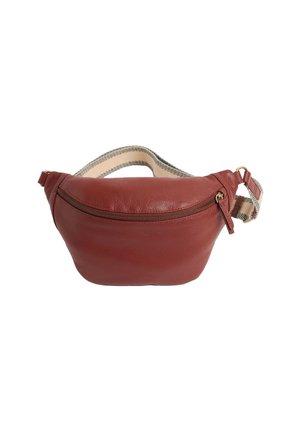 Red leather fanny pack with a zippered main compartment, a textured strap, and a rounded shape. Gold hardware accents visible.