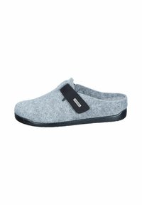 Gray felt slip-on slipper with black rubber sole and adjustable black strap labeled "Fly Flot."