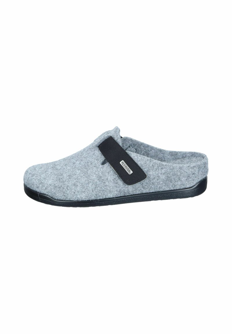 Gray felt slip-on slipper with black rubber sole and adjustable black strap labeled "Fly Flot."
