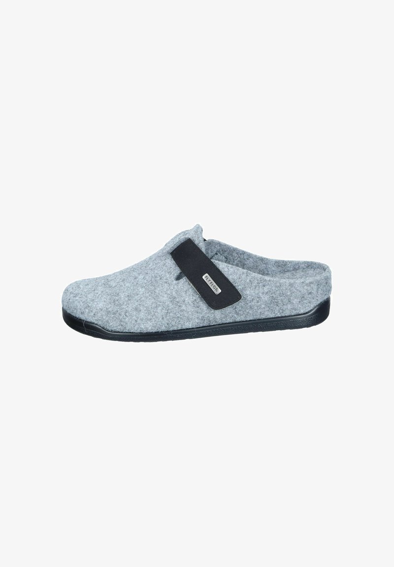 Gray felt slip-on slipper with black rubber sole and adjustable black strap labeled "Fly Flot."