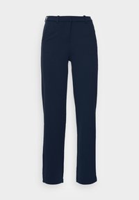 Marinblå byxor i smidig tyg, med rak passform, bälteshällor och dold dragkedja. Inga synliga fickor.