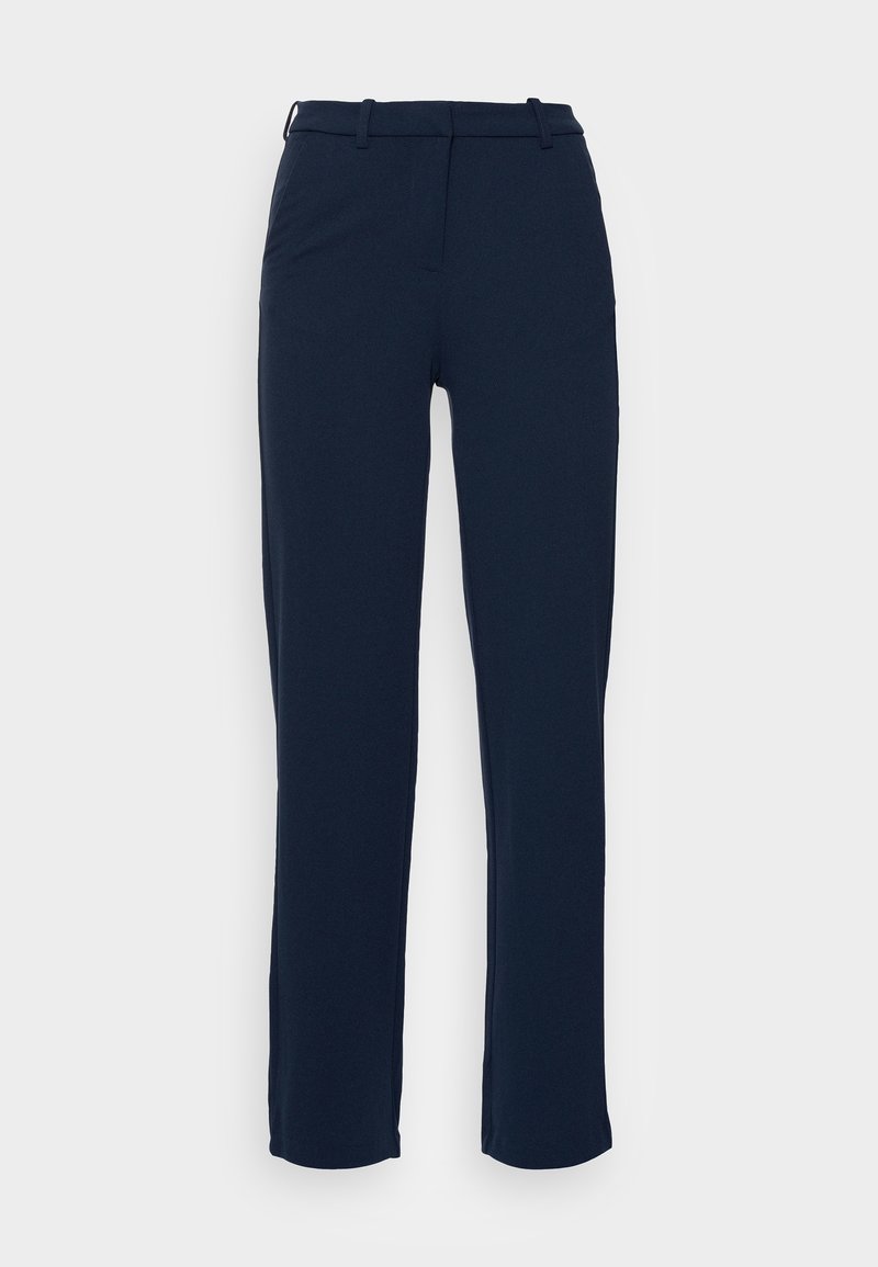 Marinblå byxor i smidig tyg, med rak passform, bälteshällor och dold dragkedja. Inga synliga fickor.