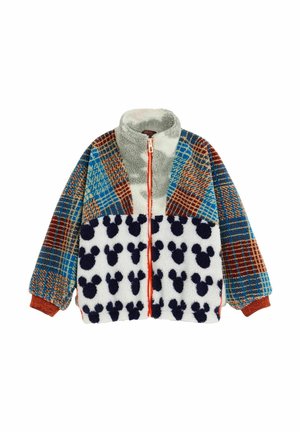 Fleecejack met blauwe en bruine geruite mouwen en bovenlichaam, crème en grijze kraag, en wit voorpaneel met patroon van zwarte Mickey Mouse-koppen.