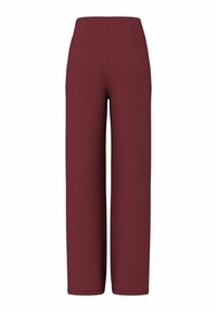 Spodnie z szerokimi nogawkami w głębokim bordowym kolorze, wykonane z miękkiej tkaniny. Posiadają wysoki stan i gładkie szwy, bez widocznych kieszeni ani ozdób.