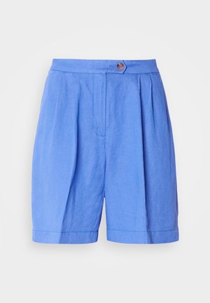 Shorts de lino azul con pliegues, cierre de botón y corte recto. Presentan una textura suave y un dobladillo que cae por encima de la rodilla.