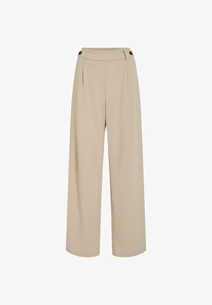 Beež kõrge vöökohaga laiad püksid, lamedate esiosadega, nööbid vöökohal ja külgmised voldid.