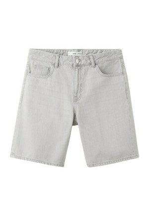 Pantaloncini in denim grigio chiaro con bottoni frontali, chiusura con cerniera lampo, passanti per cintura e design a cinque tasche, mostrati su uno sfondo bianco.