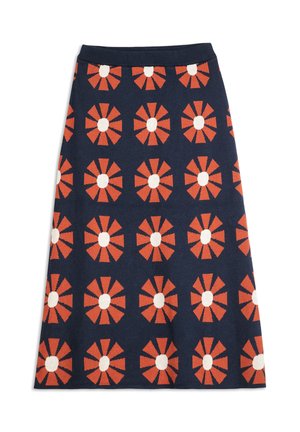 Gonna in maglia con sfondo navy caratterizzata da un motivo floreale ripetuto in rosso e bianco, con una vita solida e design di lunghezza media.