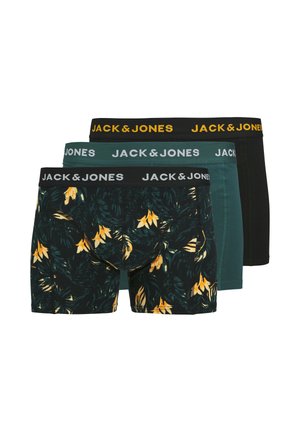 Pack de trois boxers : un avec un imprimé tropical jaune et vert, un uni vert foncé et un uni noir ; tous présentent des ceintures élastiques avec logo.