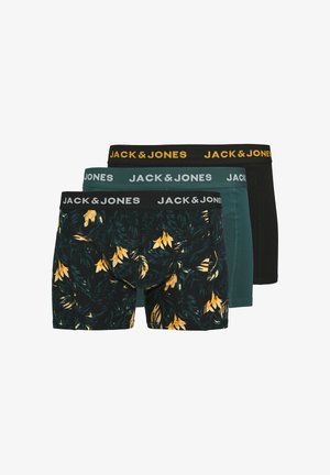 Pak van drie boxers: één met tropische gele en groene print, één effen donkergroen en één effen zwart; allemaal voorzien van elastische merkbanden in de taille.