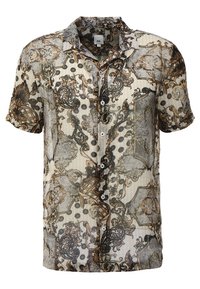 Camicia a maniche corte con bottoni nei toni del beige e del marrone, caratterizzata da intricate fantasie barocche e un tessuto testurizzato. I bottoni sono visibili.