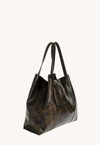 Sac fourre-tout en cuir marron foncé avec double anses et couture décorative, comportant un détail de gland en cuir sur le côté.