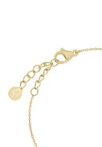 Gylden kæde med hummerlås og cirkulært vedhæng med et stiliseret design. Glat tekstur med sammenkædede ovale led.