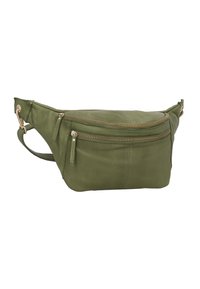 Borsa a tracolla verde in pelle con forma arrotondata, dotata di una tasca principale con zip e due piccoli scomparti con cerniera. Accentuazioni in hardware dorato.