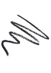 Svart eyelinerpenna-markering på vit bakgrund, med en strukturerad, ojämn linje med varierande tjocklek och en suddig framtoning.