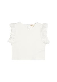 Top de algodón blanco de manga corta con acentos de encaje con volantes en las mangas, cuello redondo y un pequeño cierre de botón en la parte posterior.