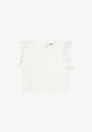 Haut en coton blanc à manches courtes avec des accents en dentelle volantée sur les manches, col rond et une petite fermeture à bouton à l'arrière.