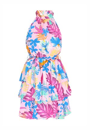 Bloemen halterjurk in roze met blauwe, gele en paarse tropische bladdessins. Heeft gelaagde ruches en een getailleerde taille met een strik.