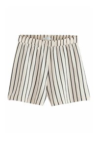 Shorts rayés en tissu léger, avec une taille élastique, base blanc cassé avec des rayures verticales bleu marine et une coupe décontractée.