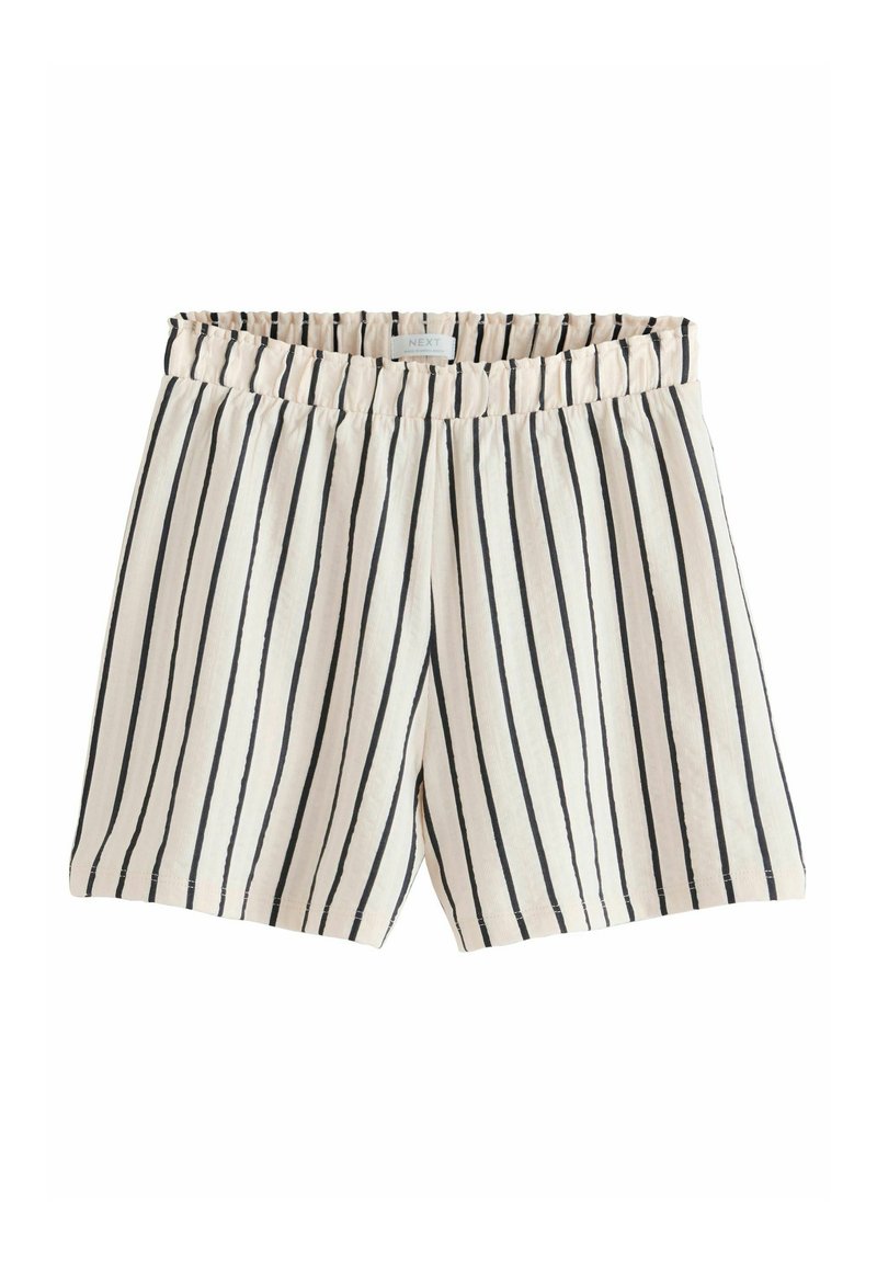 Shorts rayés en tissu léger, avec une taille élastique, base blanc cassé avec des rayures verticales bleu marine et une coupe décontractée.