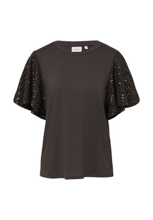 Czarny, krótki rękaw z okrągłym dekoltem oraz rozkloszowanymi, przejrzystymi rękawami ozdobionymi poziomymi paskami z cekinów.