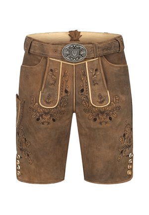 Brown leather shorts with decorative embroidery, a silver belt buckle, and button accents along the side pockets. Textured finish.