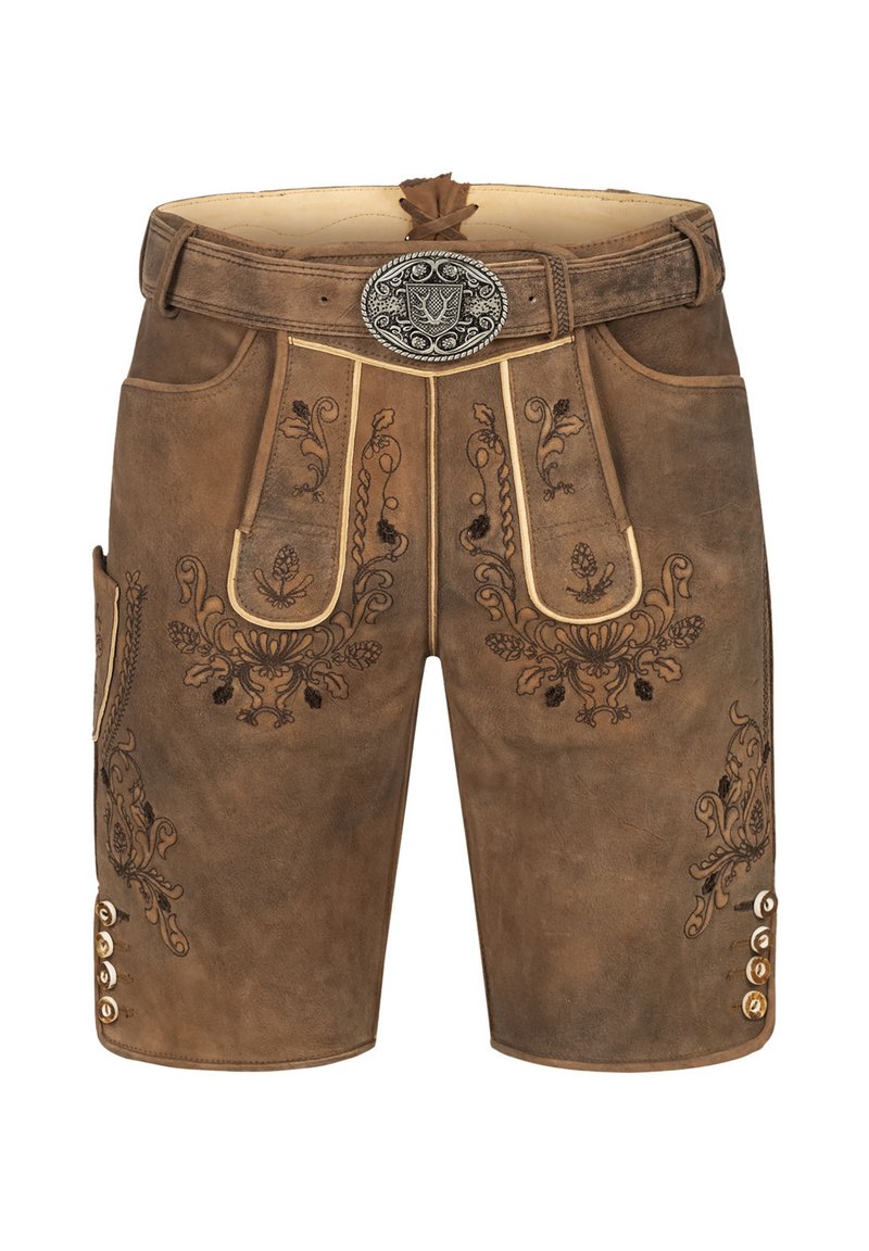 Brune lædershorts med dekorativ broderi, en sølv spænde, og knapdetaljer langs sidelommerne. Tekstureret finish.
