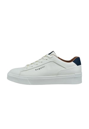 White sneaker with a smooth leather texture, round toe, white rubber sole, and a navy accent at the heel. Features black "bugatti" branding.
