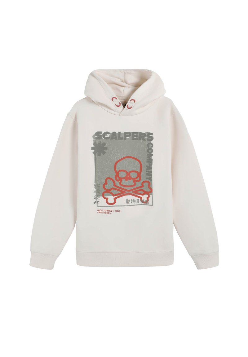 Sudadera con capucha de color beige claro hecha de mezcla de algodón, con un gráfico frontal de una calavera y huesos cruzados en gris y rojo. Capucha con cordón y detalles metálicos.