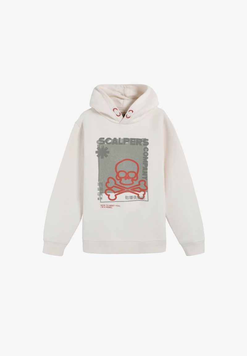 Sudadera con capucha de color beige claro hecha de mezcla de algodón, con un gráfico frontal de una calavera y huesos cruzados en gris y rojo. Capucha con cordón y detalles metálicos.
