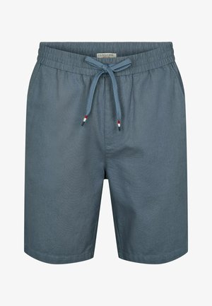 Shorts din bumbac albastru cu talie elastică și șnur. Prezintă o textură subtilă și o ușoară strălucire. Include un etichetă cu logo.