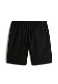 Schwarze Badeshorts aus leichtem Material, mit elastischem Bund, seitlicher Tasche und glatter Textur. Klassisches Design ohne Muster.