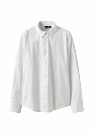 Bijela košulja dugih rukava s kopčama, oštrim ovratnikom i manšetama, prikazana ravno na bijeloj pozadini.