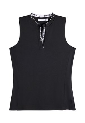 Mouwloze zwarte sporttop met een korte ritssluiting aan de voorkant en witte merkaccenten op de kraag en ritssluiting, strak gesneden.