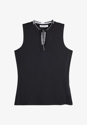 Mouwloze zwarte sporttop met een korte ritssluiting aan de voorkant en witte merkaccenten op de kraag en ritssluiting, strak gesneden.