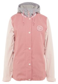Damska zimowa kurtka z kapturem w kolorze przygaszonego różu z jasnobeżowymi rękawami, zatrzaskami, bocznymi kieszeniami oraz okrągłym logo na piersi.