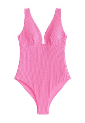 Pink textured one-piece swimsuit with deep V-neck and wide shoulder straps, designed for women.