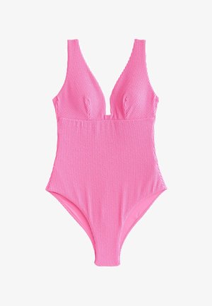 Růžové strukturované jednodílné plavky s hlubokým výstřihem do V a širokými ramenními popruhy, navržené pro ženy.