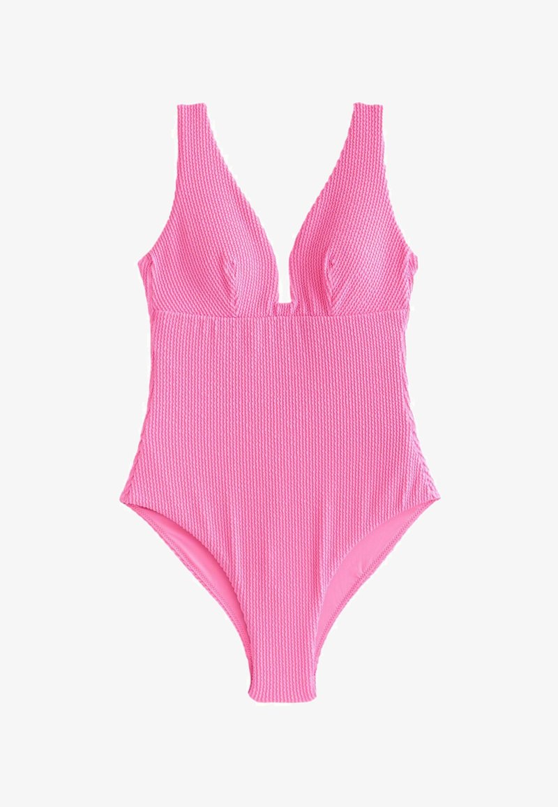 Maillot de bain une pièce texturé rose avec un décolleté en V profond et de larges bretelles, conçu pour les femmes.