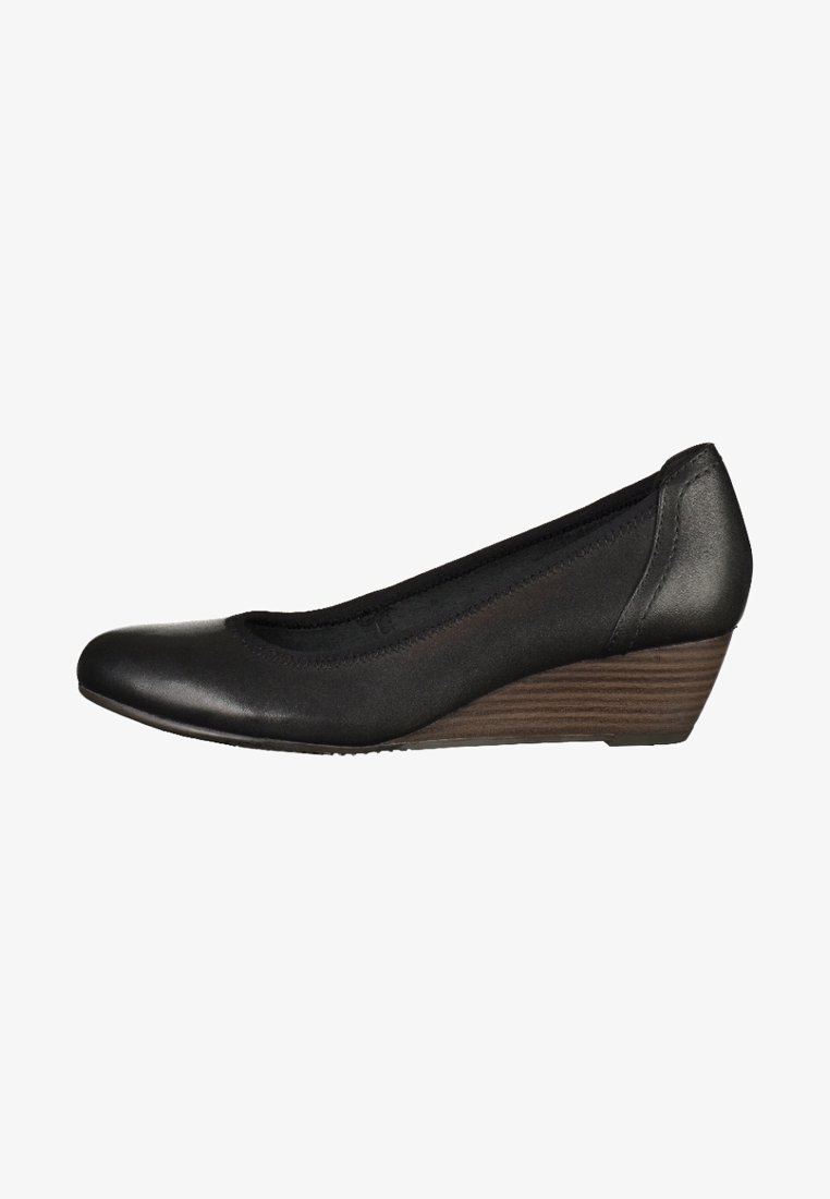 Chaussure à talon compensé en cuir noir avec bout arrondi et semelle à texture en bois, vue de côté sur fond blanc.