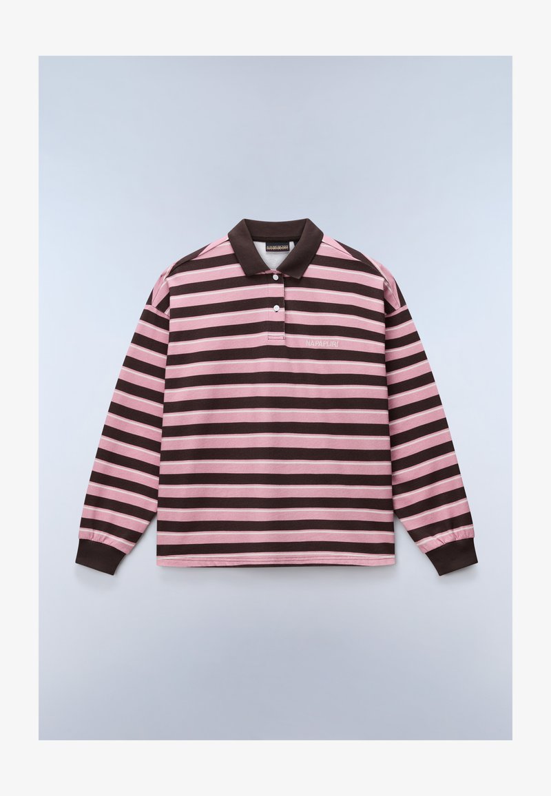 Πολό με μακριά μανίκια, οριζόντιες ρίγες σε ροζ και σκούρο καφέ, γιακάς και μανσέτες σε σκούρο καφέ, με το λογότυπο "Napapijri" στο στήθος.