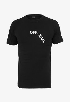 Černé bavlněné tričko s krátkými rukávy, na přední straně s diagonálně umístěným bílým textem "OFF. ICIAL".
