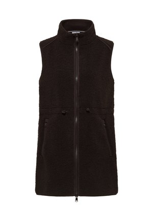 Chaleco sin mangas de forro polar negro con cuello alto, cremallera frontal, bolsillos laterales con cremallera y cintura ajustable con cordón.