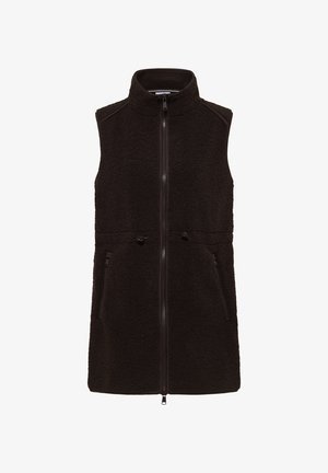 Chaleco sin mangas de forro polar negro con cuello alto, cremallera frontal, bolsillos laterales con cremallera y cintura ajustable con cordón.